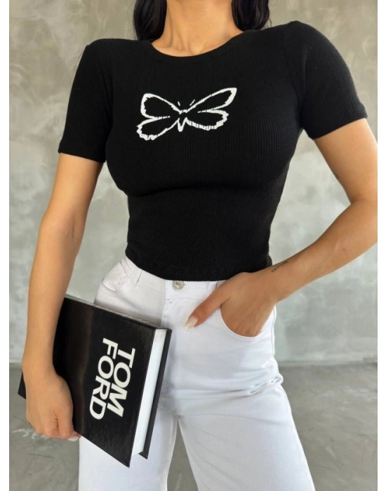 Kadın Kelebek Desenli Bisiklet Yaka Fit Bluz