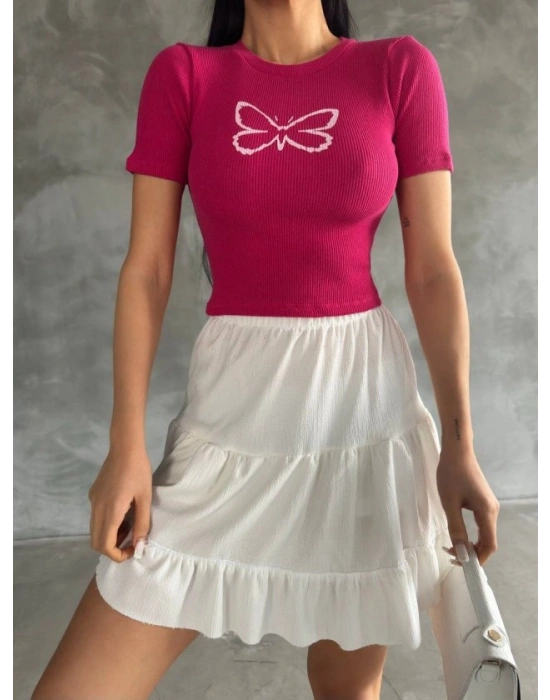 Kadın Kelebek Desenli Bisiklet Yaka Fit Bluz