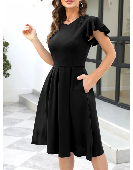 Kadın Kelebek Kollu Bisiklet Yakalı Pileli Ithal Krep Elbise