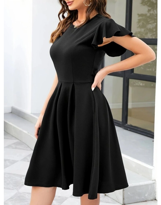 Kadın Kelebek Kollu Bisiklet Yakalı Pileli Ithal Krep Elbise