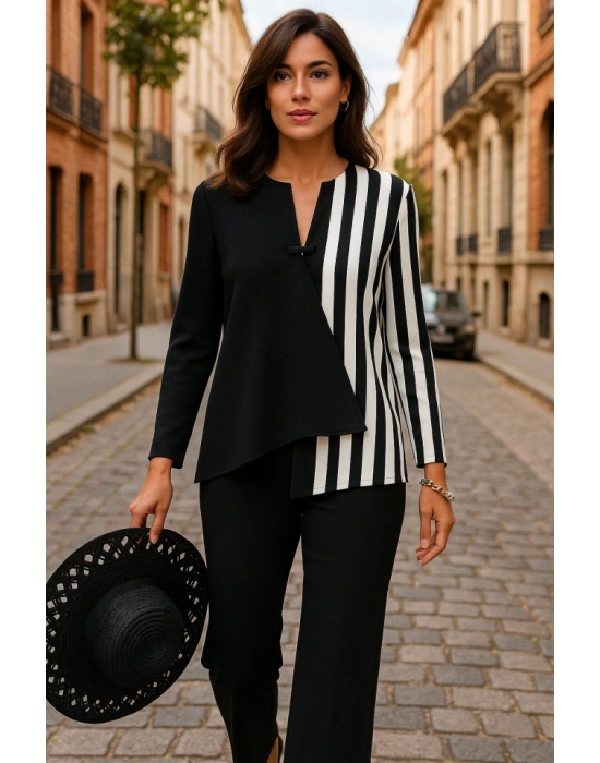 Kadın Keten Kumaş çizgi Desenli Uzun Kollu Bluz