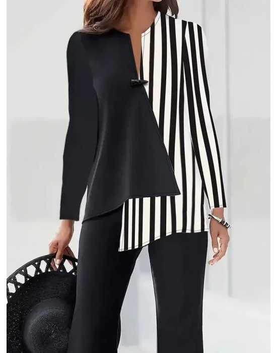 Kadın Keten Kumaş çizgi Desenli Uzun Kollu Bluz