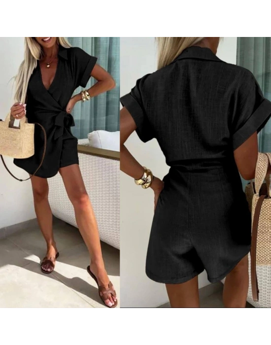 Kadın Keten Kumaş Gizli Fermuar Ve Belde Kuşak Detaylı Tulum