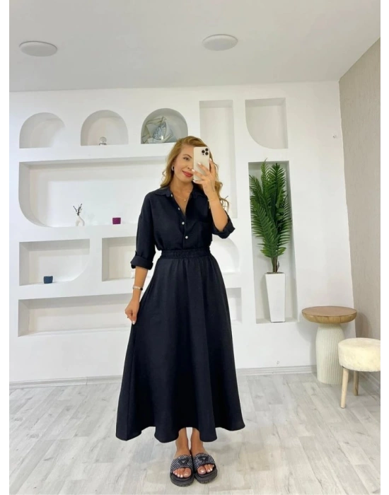 Kadın Keten Kumaş Gömlek Ve Etek Ikili Takim