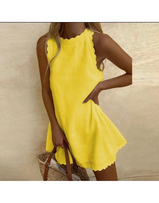 Kadın Keten Kumaş ıfır Kol Mini Boy Elbise