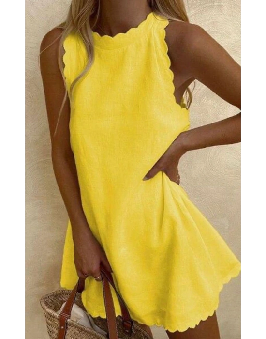 Kadın Keten Kumaş ıfır Kol Mini Boy Elbise