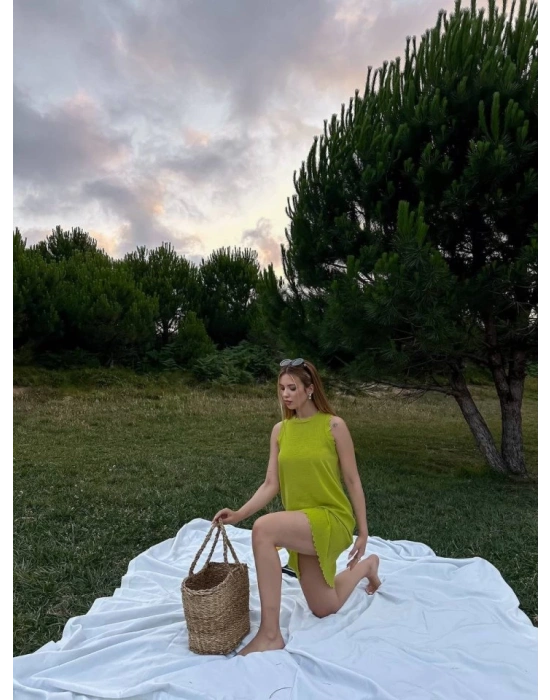 Kadın Keten Kumaş Kolsuz Mini Boy Elbise