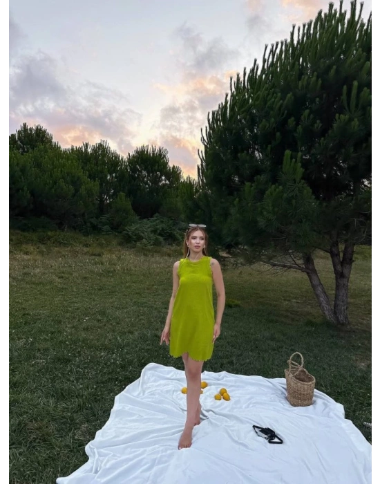 Kadın Keten Kumaş Kolsuz Mini Boy Elbise