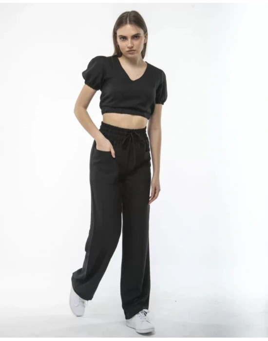 Kadin Keten Pantalon Ve Crop Takım  iyah