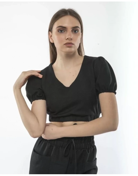 Kadin Keten Pantalon Ve Crop Takım  iyah