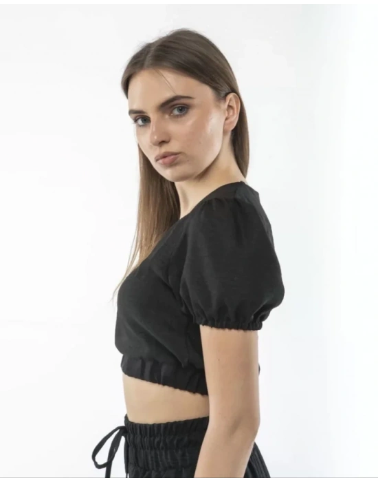 Kadin Keten Pantalon Ve Crop Takım  iyah