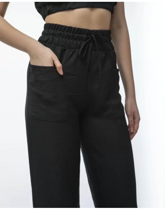 Kadin Keten Pantalon Ve Crop Takım  iyah