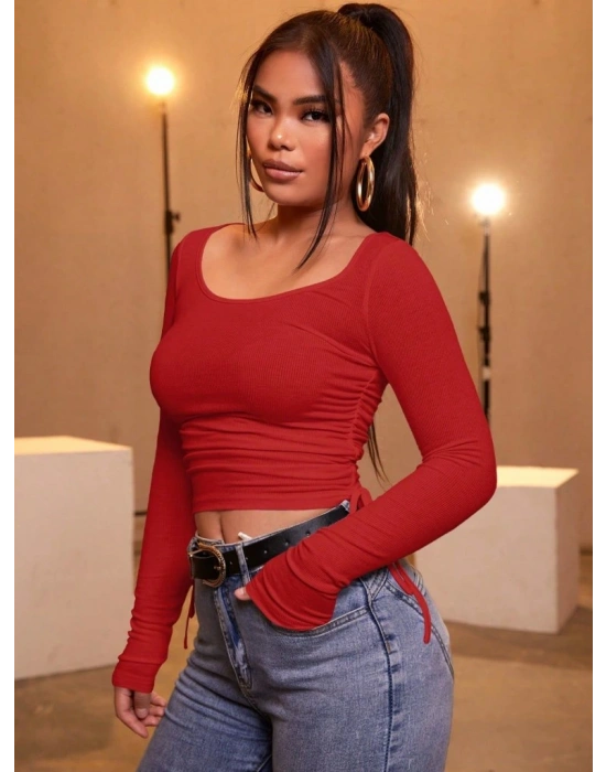 Kadın Kırmızı Kaşkorse Kumaş Bluz