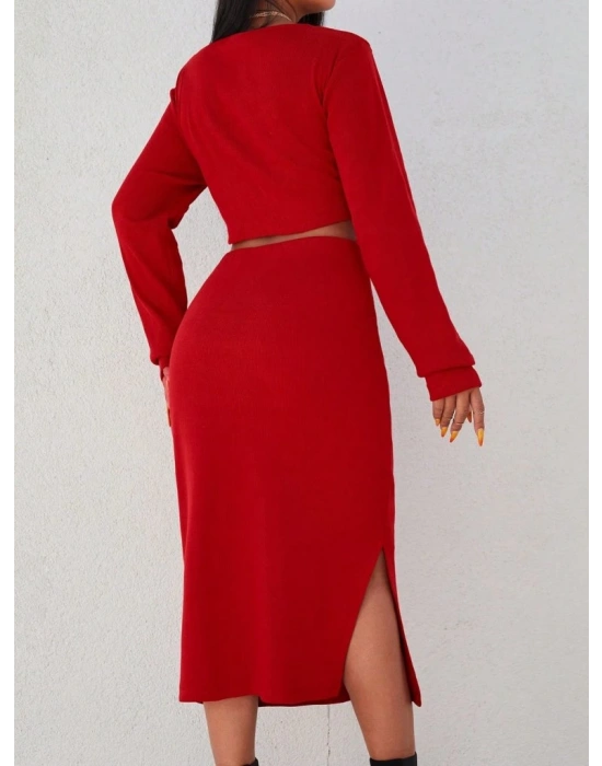 Kadın Kırmızı Kaşkorse Kumaş İkili Takım