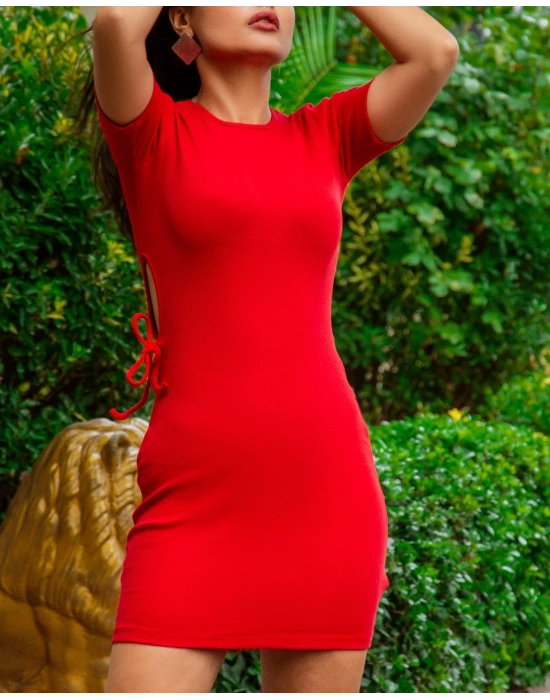 Kadın Kırmızı Kısa Kol Bel Detay Kaşkorse Elbise