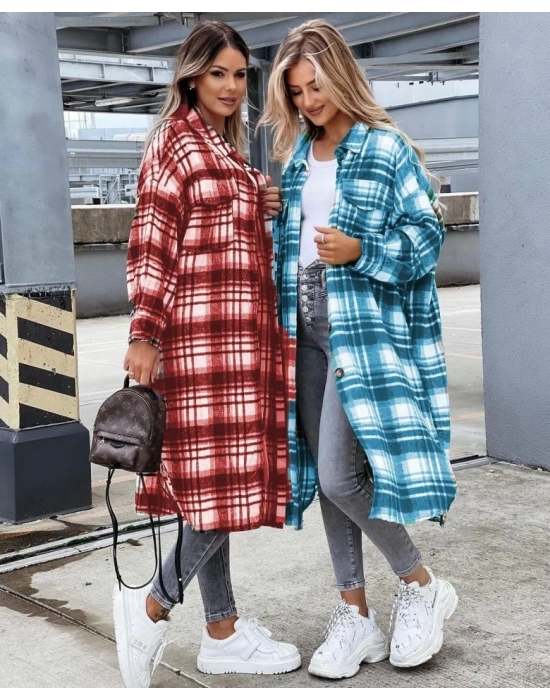 Kadın Kırmızı Uzun Ekose Detay Fırsat ürün Ekose Ceket