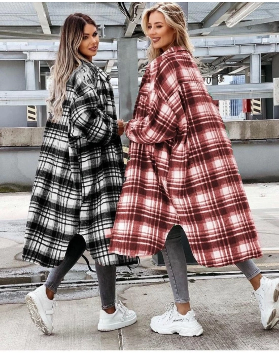 Kadın Kırmızı Uzun Ekose Detay Fırsat ürün Ekose Ceket