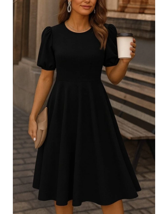 Kadın Kısa Balon Kollu Bisiklet Yaka Geniş Kesim Janjan Krep Elbise