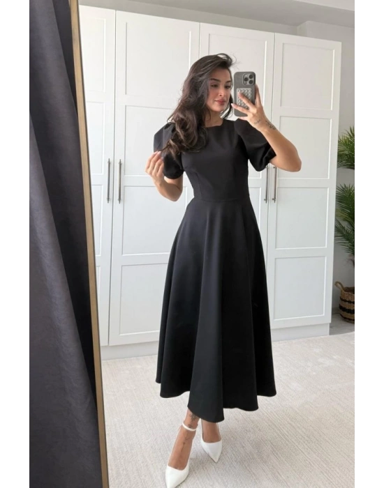 Kadın Kısa Balon Kollu Bisiklet Yaka Geniş Kesim Janjan Krep Elbise