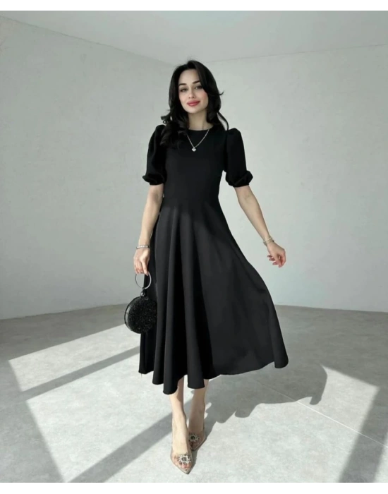 Kadın Kısa Balon Kollu Bisiklet Yaka Geniş Kesim Janjan Krep Elbise