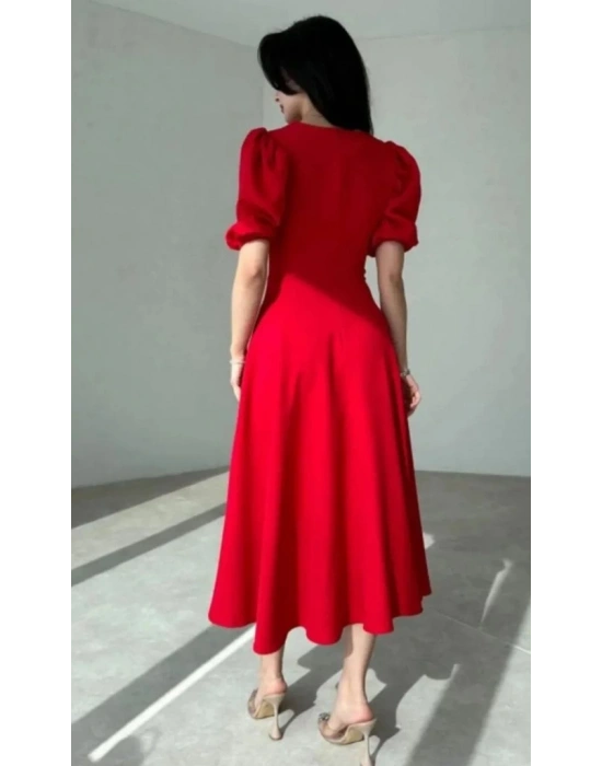 Kadın Kısa Balon Kollu Bisiklet Yaka Geniş Kesim Janjan Krep Elbise