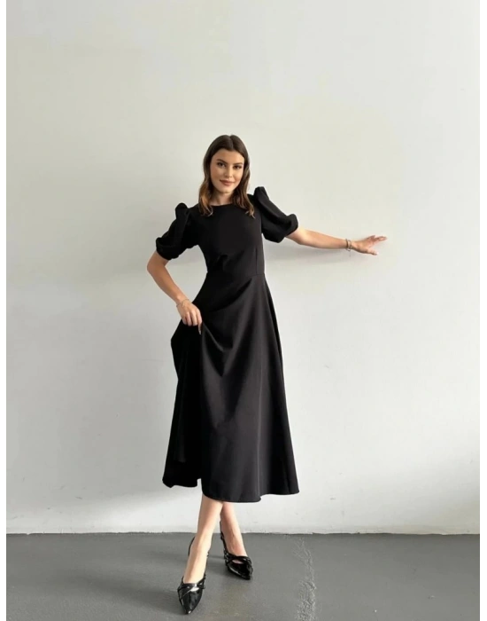 Kadın Kısa Balon Kollu Bisiklet Yaka Geniş Kesim Janjan Krep Elbise