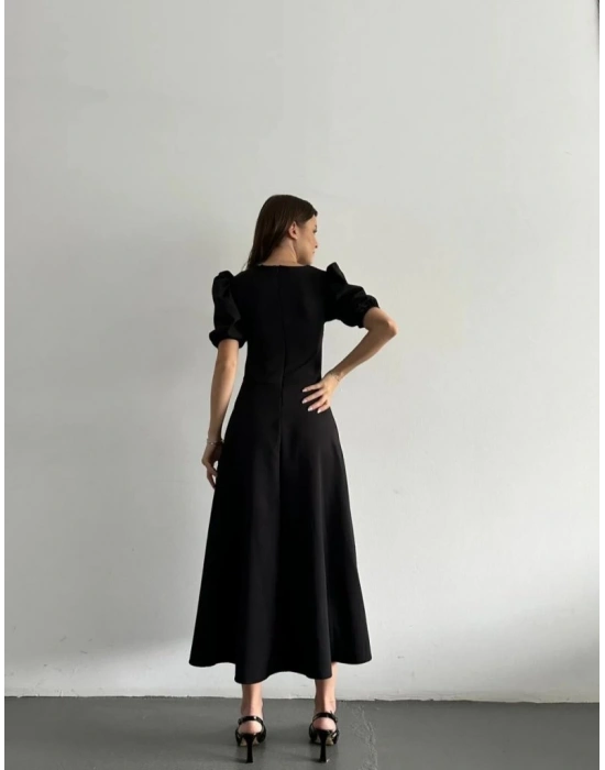 Kadın Kısa Balon Kollu Bisiklet Yaka Geniş Kesim Janjan Krep Elbise