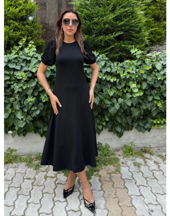 Kadın Kısa Balon Kollu Bisiklet Yaka Geniş Kesim Janjan Krep Elbise