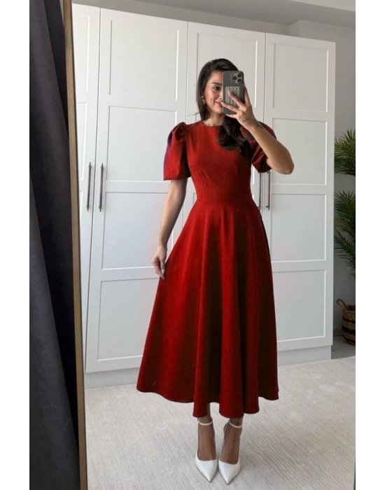 Kadın Kısa Balon Kollu Bisiklet Yaka Geniş Kesim Janjan Krep Elbise