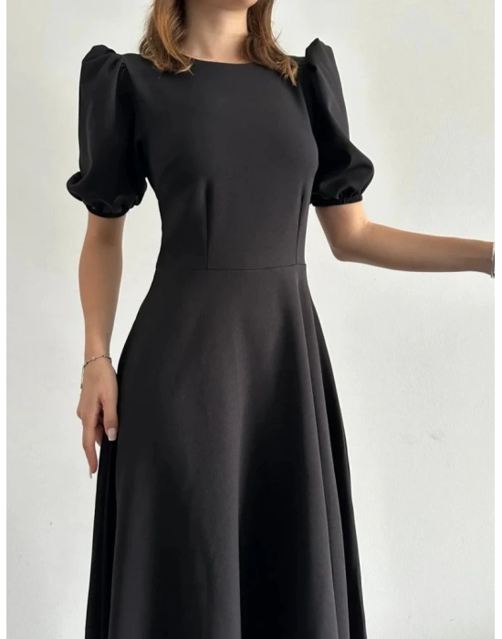 Kadın Kısa Balon Kollu Bisiklet Yaka Geniş Kesim Janjan Krep Elbise