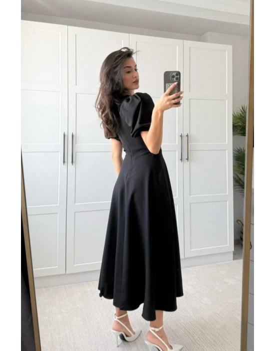 Kadın Kısa Balon Kollu Bisiklet Yaka Geniş Kesim Janjan Krep Elbise