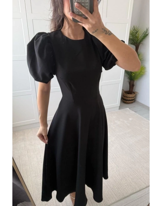 Kadın Kısa Balon Kollu Bisiklet Yaka Geniş Kesim Janjan Krep Elbise