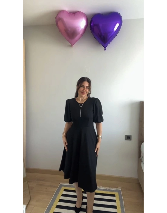 Kadın Kısa Balon Kollu Bisiklet Yaka Kiloş Janjan Krep Elbise