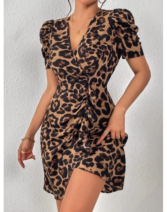 Kadın Kısa Balon Kollu Kruvaze Yakalı Asimetrik Kesim Detaylı Atlas Kısa Elbise