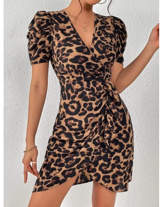 Kadın Kısa Balon Kollu Kruvaze Yakalı Asimetrik Kesim Detaylı Atlas Kısa Elbise