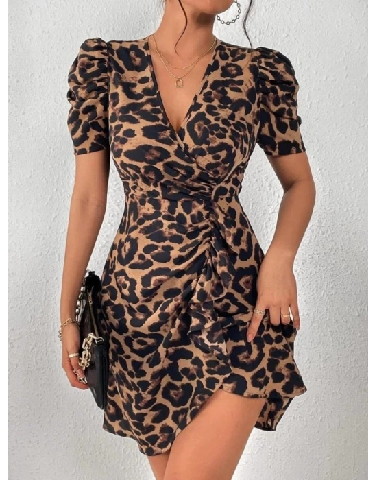 Kadın Kısa Balon Kollu Kruvaze Yakalı Asimetrik Kesim Detaylı Atlas Kısa Elbise