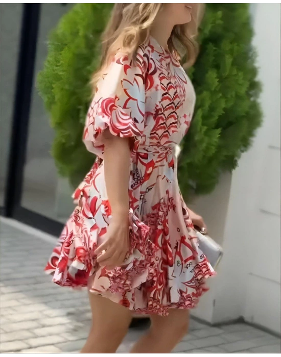 Kadın Kısa Balon Kollu Yuvarlak Yakalı Pileli Desenli Mini Elbise