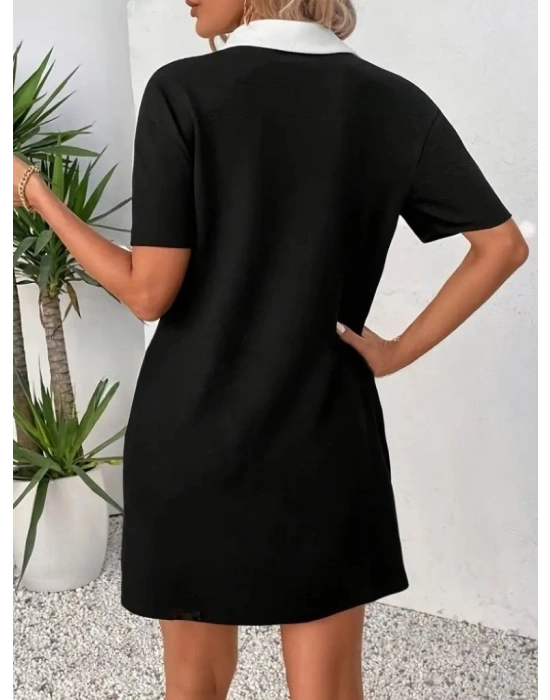 Kadın Kısa Boylu Yakalı Blok Renkli Ithal Krep Elbise