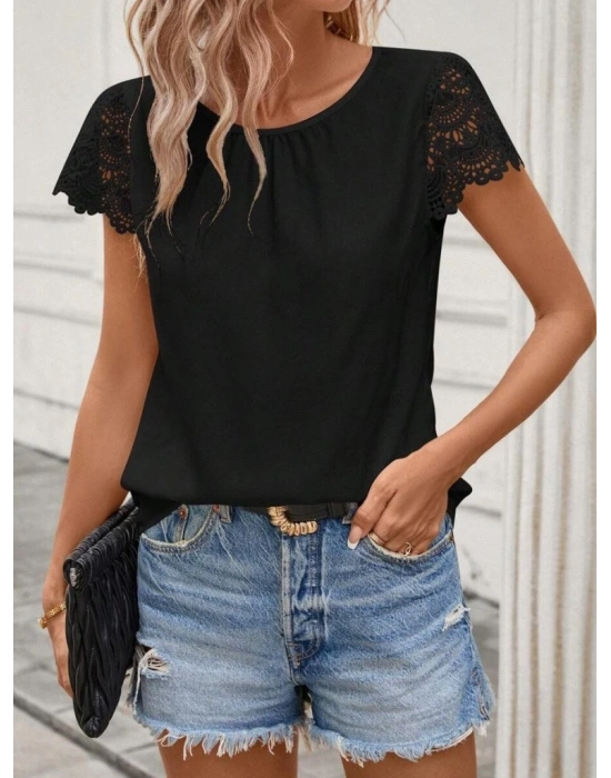 Kadın Kısa Dantel Kollu Bisiklet Yaka Sandy Bluz