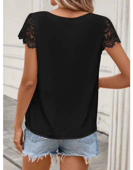 Kadın Kısa Dantel Kollu Bisiklet Yaka Sandy Bluz