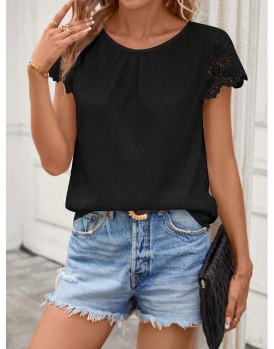 Kadın Kısa Dantel Kollu Bisiklet Yaka Sandy Bluz