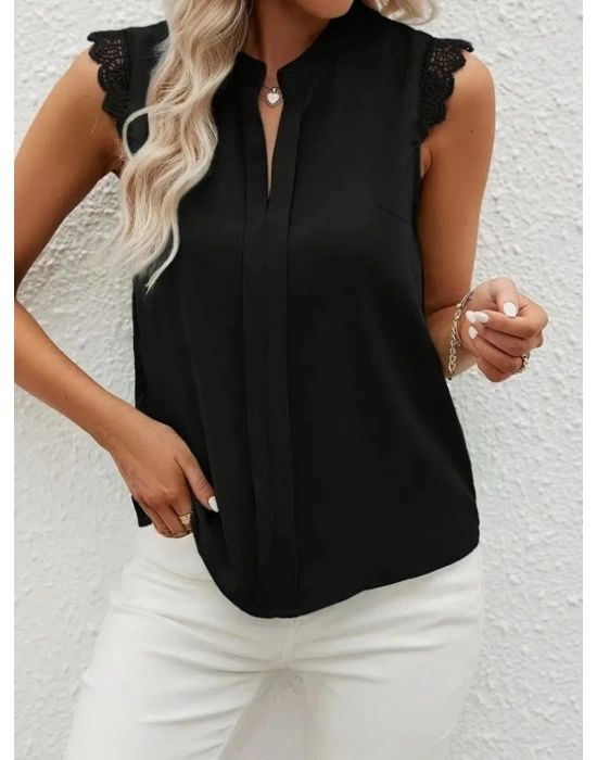 Kadın Kısa Dantel Kollu Hakim Yaka Ithal Krep Bluz