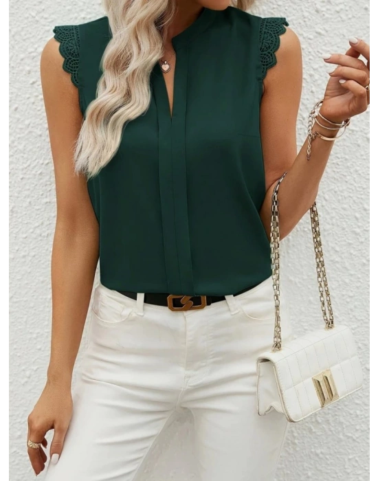 Kadın Kısa Dantel Kollu Hakim Yaka Ithal Krep Bluz