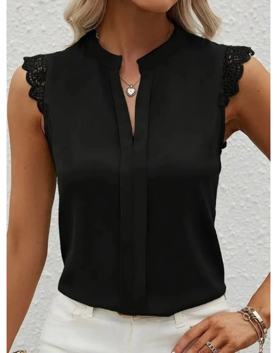 Kadın Kısa Dantel Kollu Hakim Yaka Ithal Krep Bluz