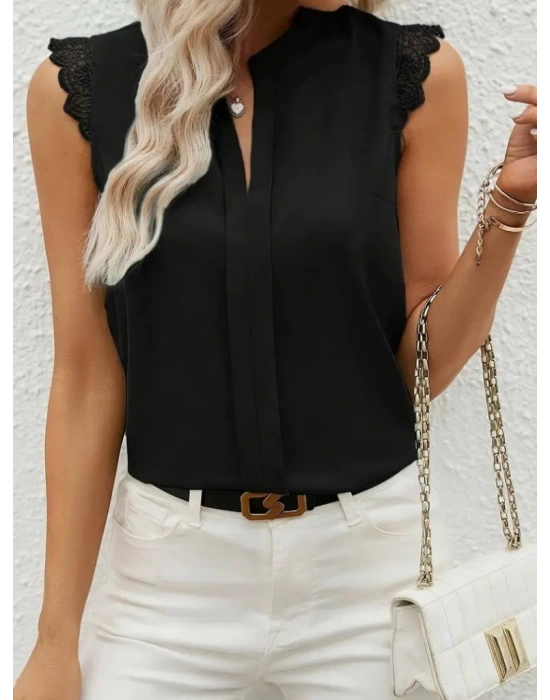 Kadın Kısa Dantel Kollu Hakim Yaka Ithal Krep Bluz