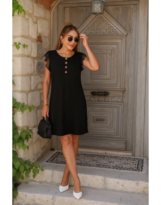 Kadın Kısa Dantel Kollu önden Düğmeli Viskon Elbise