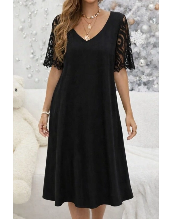 Kadın Kısa Dantel Kollu V Yakalı Midi Viskon Elbise
