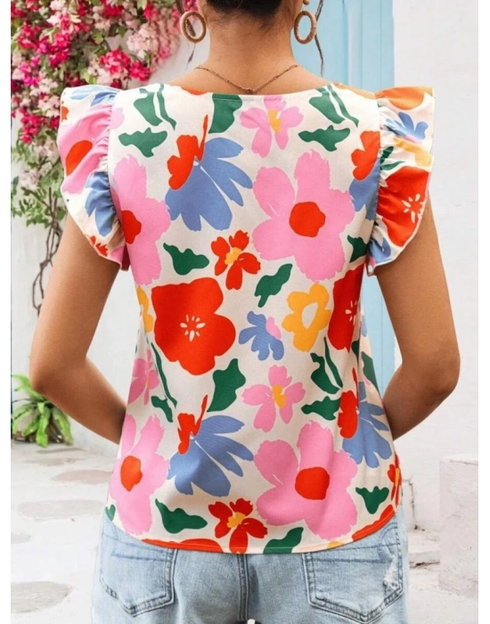 Kadın Kısa Fırfır Kollu Kare Yaka çiçek Desenli Ithal Keten Bluz