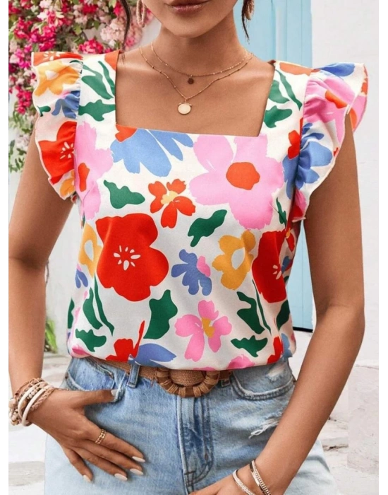 Kadın Kısa Fırfır Kollu Kare Yaka çiçek Desenli Ithal Keten Bluz