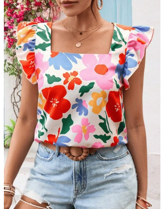 Kadın Kısa Fırfır Kollu Kare Yaka çiçek Desenli Ithal Keten Bluz